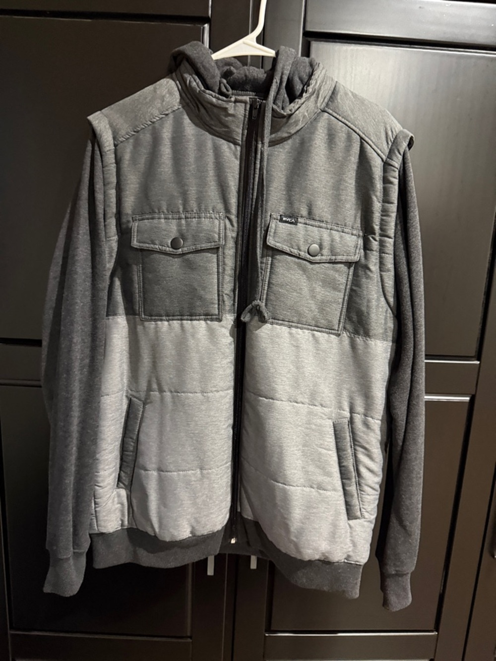 RVCA Two-Tone Gray Hooded Quilted Puffer Jacket